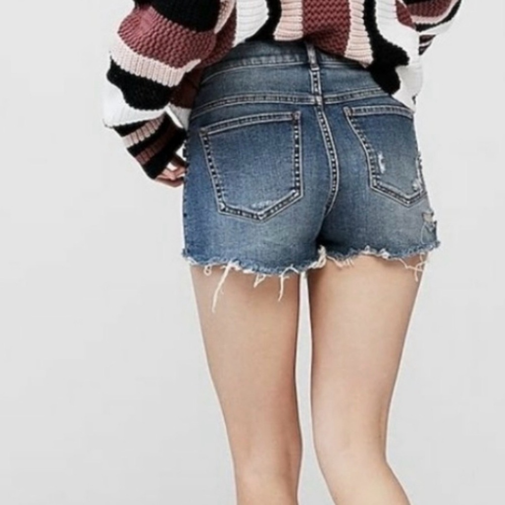 Express Distressed High Rise Boho Cut Off Denim Shorts w/ Rhinestone Details 0 - Picture 3 of 12